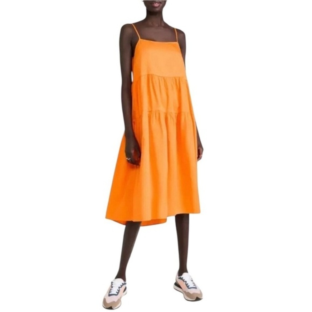 Enza Costa Cool Cotton Tiered Dress Papaya Orange Midi Size Small $268